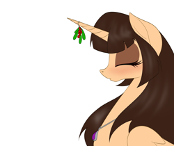 Size: 2500x2100 | Tagged: safe, artist:miniferu, derpibooru import, oc, oc:spring beauty, alicorn, pony, collaboration, christmas, eyes closed, female, holiday, holly, holly mistaken for mistletoe, imminent kissing, kissing, simple background, white background