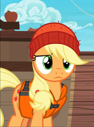 Size: 698x937 | Tagged: safe, screencap, applejack, earth pony, pony, ppov, beanie, cropped, female, hat, lifejacket, mare, solo