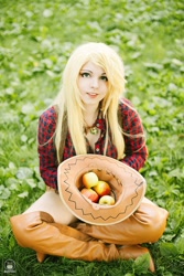 Size: 1320x1980 | Tagged: safe, artist:bizzare deer, applejack, human, apple, boots, clothes, cosplay, costume, cowboy boots, cowboy hat, female, food, hat, irl, irl human, looking at you, photo, shirt, shoes, shorts, sitting, stetson, wig