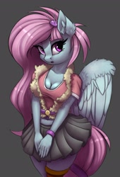 Size: 1828x2696 | Tagged: safe, artist:lightly-san, derpibooru import, kerfuffle, anthro, pegasus, rainbow roadtrip, armband, beautiful, breasts, busty kerfuffle, cleavage, clothes, cute, ear fluff, ears, female, fufflebetes, gray background, looking at you, mare, midriff, miniskirt, moe, open mouth, pincushion, pleated skirt, simple background, skirt, solo, vest