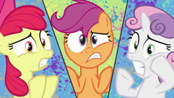 Size: 1280x720 | Tagged: safe, derpibooru import, screencap, apple bloom, scootaloo, sweetie belle, marks and recreation, cutie mark crusaders, shocked, sunburst background