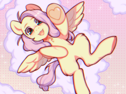 Size: 800x600 | Tagged: safe, artist:doggteethh, fluttershy, pegasus, pony, chest fluff, chromatic aberration, cloud, cute, female, heart, heart hoof, looking at you, mare, on a cloud, on back, open mouth, reaching, shyabetes, smiling, solo, spread wings, stray strand, underhoof, wings