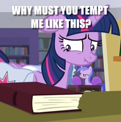 Size: 704x710 | Tagged: safe, edit, edited screencap, screencap, twilight sparkle, twilight sparkle (alicorn), alicorn, the point of no return, book, bookshelf, caption, cropped, eyes on the prize, image macro, library, saddle bag, scrunchy face, temptation, text, that pony sure does love books