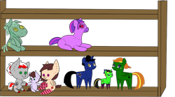 Size: 540x301 | Tagged: safe, artist:equisp-y-mas, derpibooru import, oc, oc only, oc:candelabra, oc:dusty notes, oc:jazz notes, oc:knight fire, oc:lillyale–lavande, oc:night rose, oc:silky skies, oc:true blue, pony, bookshelf, clothes, plushie, simple background, socks, striped socks, transparent background