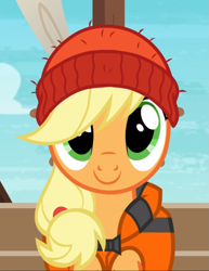 Size: 725x938 | Tagged: safe, screencap, applejack, earth pony, pony, ppov, beanie, cropped, cute, female, hat, jackabetes, lifejacket, mare, smiling, solo