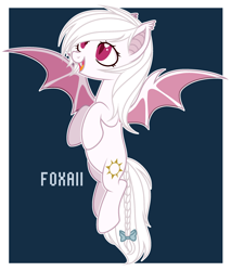 Size: 2339x2744 | Tagged: safe, artist:foxaii, oc, oc only, oc:shikaka, bat pony, albino, bat pony oc, bow, flying, show accurate, simple background, solo, tail bow, text, vampire bat pony, ych result