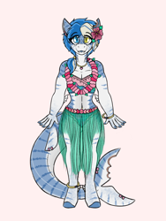 Size: 768x1024 | Tagged: safe, artist:rubysplash2018, derpibooru import, oc, oc:ocean bloom, anthro, belly button, bellyring, bikini, bikini bottom, bikini top, bracelet, clothes, ear piercing, femboy, flower, grass skirt, hawaiian flower in hair, hawaiian flower pattern, hawaiian skirt, jewelry, leg bracelet, lei, lipstick, male, necklace, painted nails, piercing, ponytail, skirt, solo, swimsuit