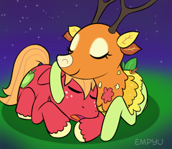 Size: 1000x867 | Tagged: safe, artist:empyu, big macintosh, the great seedling, deer, earth pony, pony, going to seed, cuddling, cute, eyes closed, male, night, sleeping, stallion, stars