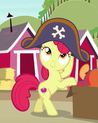 Size: 511x637 | Tagged: safe, derpibooru import, screencap, apple bloom, earth pony, pony, hard to say anything, bipedal, bipedal leaning, cute, dressup, female, filly, hat, hay bale, leaning, pirate hat, smiling, solo focus, sweet apple acres