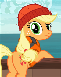 Size: 753x939 | Tagged: safe, screencap, applejack, earth pony, pony, ppov, beanie, butt, cropped, female, freckles, hat, lifejacket, looking at you, looking back, looking back at you, mare, plot, solo