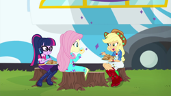 Size: 1920x1080 | Tagged: safe, screencap, applejack, fluttershy, sci-twi, twilight sparkle, better together, equestria girls, sunset's backstage pass!, applejack's festival hat, food, juice, orange juice, pancakes, tree stump