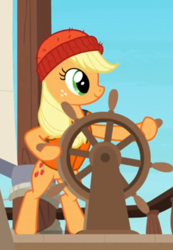 Size: 392x565 | Tagged: safe, screencap, applejack, earth pony, pony, ppov, animation error, beanie, bipedal, cropped, female, freckles, hat, lifejacket, mare, no tail, smiling, solo, steering, steering wheel