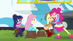 Size: 1920x1080 | Tagged: safe, screencap, applejack, fluttershy, pinkie pie, sci-twi, twilight sparkle, better together, equestria girls, sunset's backstage pass!, food, pancakes, shoes, sneakers, tree stump