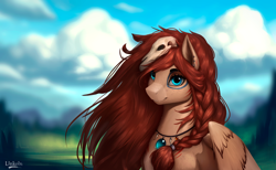 Size: 3116x1924 | Tagged: safe, artist:l1nkoln, derpibooru import, oc, oc only, oc:ondrea, pegasus, pony, braid, cloud, ear piercing, earring, female, jewelry, mare, necklace, piercing, solo