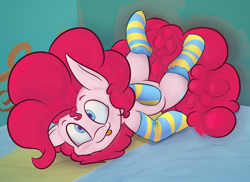 Size: 3300x2400 | Tagged: safe, artist:packy paca, pinkie pie, earth pony, pony, :p, clothes, cute, diapinkes, female, high res, looking at you, lying down, socks, solo, striped socks, tongue out