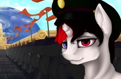 Size: 1106x722 | Tagged: safe, artist:sa-loony, oc, pony, broken horn, hat, heterochromia, horn