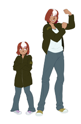 Size: 2734x4191 | Tagged: safe, artist:mylittlesheepy, oc, oc only, oc:roulette, human, fallout equestria, age difference, child, clothes, female, flexing, grin, humanized, jacket, looking up, older, smiling, younger