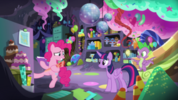 Size: 1920x1080 | Tagged: safe, screencap, pinkie pie, spike, twilight sparkle, twilight sparkle (alicorn), alicorn, dragon, pony, the last problem, party cave, winged spike