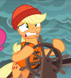 Size: 854x939 | Tagged: safe, screencap, applejack, earth pony, pony, ppov, beanie, bipedal, cropped, female, hat, holding, lifejacket, mare, nervous, solo, steering, steering wheel