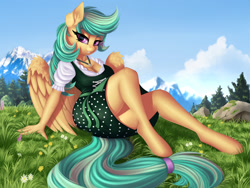 Size: 1800x1350 | Tagged: safe, artist:lightly-san, oc, oc only, oc:summer ray, anthro, pegasus, unguligrade anthro, anthro oc, clothes, dirndl, dress, female, grass, legs, mare, sitting, solo