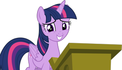 Size: 6600x3800 | Tagged: safe, artist:tomfraggle, derpibooru import, twilight sparkle, twilight sparkle (alicorn), alicorn, pony, the cutie re-mark, cute, looking at you, podium, simple background, smiling, solo, transparent background, twiabetes, vector