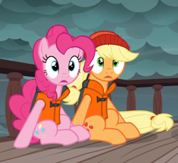 Size: 990x906 | Tagged: safe, screencap, applejack, pinkie pie, earth pony, pony, ppov, beanie, cropped, duo, female, hat, lifejacket, mare, open mouth, sitting