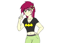 Size: 764x556 | Tagged: safe, artist:max rider, derpibooru import, roseluck, equestria girls, batman, female, hero shirt, simple background, solo, white background