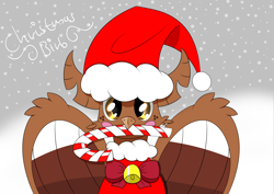 Size: 7016x4961 | Tagged: safe, artist:syncedsart, oc, oc:autumn splash, hippogriff, absurd resolution, bust, candy, candy cane, christmas, christmas outfit, clip studio paint, cute, digital art, drawing, food, hat, hippogriff oc, holiday, male, santa hat, simple background, snow, snowfall, solo
