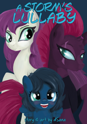 Size: 1042x1473 | Tagged: safe, artist:dsana, fizzlepop berrytwist, tempest shadow, oc, oc:lullaby dusk, oc:thistledown, earth pony, pegasus, pony, unicorn, comic:a storm's lullaby, broken horn, cover, eye scar, horn, scar