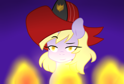 Size: 1089x734 | Tagged: safe, artist:missxxfofa123, dinky hooves, pony, unicorn, female, filly, fire, firefighter, firefighter dinky hooves, firefighter helmet, hat, helmet, raised eyebrow, solo