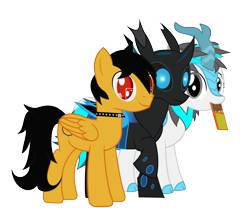 Size: 2076x1726 | Tagged: safe, artist:wheatley r.h., oc, oc only, oc:blizzard flare, oc:rito, oc:w. rhinestone eyes, changeling, kirin, pegasus, pony, 2020 community collab, automata, bat wings, blue changeling, changeling oc, chocolate bar, choker, derpibooru community collaboration, female, gray eyes, horn, kirin oc, male, mare, messy tail, one hoof raised, pegasus oc, pegasus wings, red eyes, simple background, spiked choker, stallion, transparent background, two toned mane, vector, wings