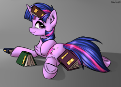 Size: 2500x1800 | Tagged: safe, artist:shido-tara, twilight sparkle, pony, book, book on head, bookhorse, chest fluff, cute, female, leg fluff, lidded eyes, looking back, mare, profile, prone, solo, strategically covered, twiabetes