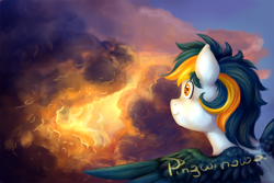 Size: 1500x1000 | Tagged: safe, artist:pingwinowa, derpibooru import, oc, oc only, pegasus, pony, cloud, cloudy, solo, sunset