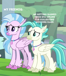 Size: 449x512 | Tagged: safe, edit, edited screencap, screencap, silverstream, terramar, hippogriff, pony, student counsel, caption, cropped, gta online, meme, this will end in tears