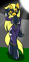 Size: 849x1765 | Tagged: safe, artist:tinker-tock, oc, oc only, oc:dream searcher, anthro, unguligrade anthro, unicorn, bedroom eyes, breasts, clothes, costume, female, full moon, horn, latex, latex suit, mind control, moon, salute, shadowbolts, shadowbolts costume, solo, unicorn oc