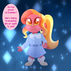 Size: 1000x1000 | Tagged: safe, artist:carouselunique, artist:honeycrisp-tales, oc, oc only, oc:ambrosia, oc:honeycrisp blossom, equestria girls, abstract background, boots, clothes, dress, freckles, honeycrisp tales, jacket, offscreen character, offspring, parent:big macintosh, parent:princess cadance, parents:cadmac, shoes, solo