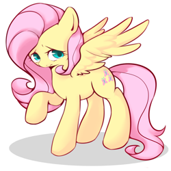 Size: 1700x1700 | Tagged: safe, artist:crazy bush, fluttershy, pegasus, pony, cute, female, looking at you, looking sideways, mare, pixiv, raised hoof, shyabetes, simple background, solo, spread wings, standing, three quarter view, white background, wings