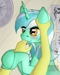 Size: 805x1001 | Tagged: safe, artist:virenth, lyra heartstrings, unicorn, drool, ear grab, fetish, finger in mouth, hand, hand fetish, that pony sure does love hands, watermark