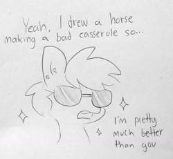 Size: 1329x1221 | Tagged: safe, artist:tjpones, derpibooru import, oc, oc only, earth pony, pony, bust, dialogue, ear fluff, ear piercing, grayscale, horse famous, lineart, male, monochrome, open mouth, piercing, simple background, solo, sparkles, stallion, sunglasses, traditional art