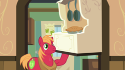 Size: 1280x720 | Tagged: safe, screencap, big macintosh, earth pony, pony, pinkie apple pie, biceps, food, frying pan, hoof hold, horse collar, male, oven, pie, smiling, solo, stallion, stove