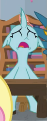 Size: 225x580 | Tagged: safe, screencap, ocellus, changedling, changeling, school daze, adorable distress, cropped, cute, desk, diaocelles, eyes closed, female, open mouth, sitting, solo, upset