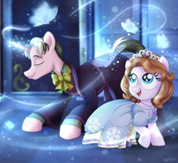 Size: 3800x3500 | Tagged: safe, artist:katedragon, butterfly, earth pony, pony, unicorn, amulet, cedric the sorcerer, clothes, crossover, crown, disney, disney junior, dress, female, filly, glowing horn, gown, horn, jewelry, magic, necklace, ponified, princess sofia, regalia, shoes, sofia the first