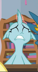 Size: 327x622 | Tagged: safe, screencap, ocellus, changedling, changeling, school daze, adorable distress, cropped, cute, desk, diaocelles, eyes closed, female, floppy ears, offscreen character, sitting, solo, upset