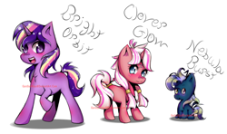 Size: 1300x768 | Tagged: safe, artist:gardianripu, oc, oc only, oc:bright orbit, oc:clever glow, oc:nebula burst, pony, unicorn, chest fluff, cute, offspring, open mouth, parent:star tracker, parent:twilight sparkle, parents:twitracker, simple background, white background