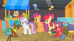 Size: 1920x1080 | Tagged: safe, screencap, apple bloom, biscuit, pokey pierce, scootaloo, spur, sweetie belle, earth pony, pony, unicorn, growing up is hard to do, animation error, bandana, beard, box, cutie mark, cutie mark crusaders, facial hair, female, freckles, glasses, male, mare, missing wing, older, older apple bloom, older cmc, older scootaloo, older sweetie belle, raised hoof, sitting, stallion, stool, teenager, the cmc's cutie marks, unamused, worried