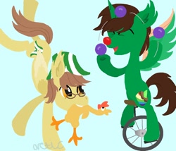 Size: 966x828 | Tagged: safe, artist:arcticleapordfrost, oc, oc only, oc:ferb fletcher, oc:frost d. tart, alicorn, pegasus, pony, alicorn oc, clown nose, hoof stand, juggling, rubber chicken, unicycle, watermark