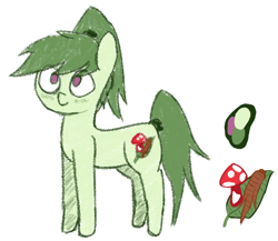 Size: 690x598 | Tagged: safe, anonymous artist, oc, oc:greenie (xponi), earth pony, pony, fanfic:xponi, cute, female, green pony, leaf, mushroom, ponytail, solo