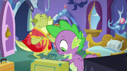 Size: 1280x720 | Tagged: safe, derpibooru import, screencap, sludge (g4), spike, dragon, father knows beast, male, spike's room, winged spike, wings