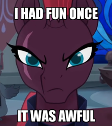 Size: 400x450 | Tagged: safe, edit, edited screencap, screencap, grubber, tempest shadow, my little pony: the movie, broken horn, caption, cropped, grumpy cat, horn, i had fun once and it was awful, image macro, looking at you, scar, solo focus, text