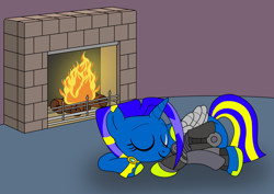 Size: 1550x1100 | Tagged: safe, artist:linedraweer, derpibooru import, oc, oc only, oc:shay, alicorn, pony, robot, robot pony, alicorn oc, amputee, android, artificial wings, augmented, commission, curling, female, fire, fireplace, mechanical wing, metal wing, prosthetic leg, prosthetic limb, prosthetic wing, prosthetics, scar, sleeping, solo, sports, wings